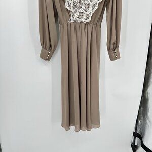 vintage 80s URSULA OF SWITZERLAND dress secretary lace v neck brown MEDIUM